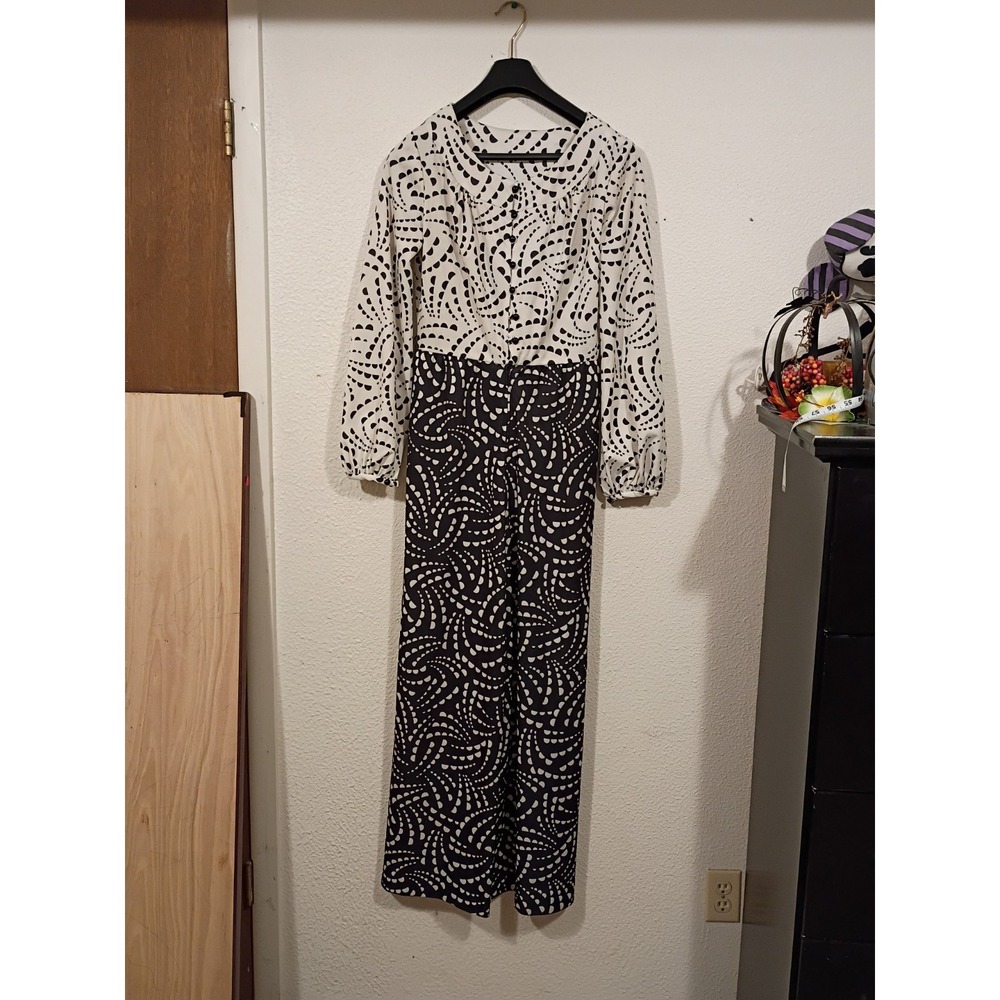 70s Jumpsuit Wide Leg Pants Black And White‎ Geometric Print Boho Hippie One...
